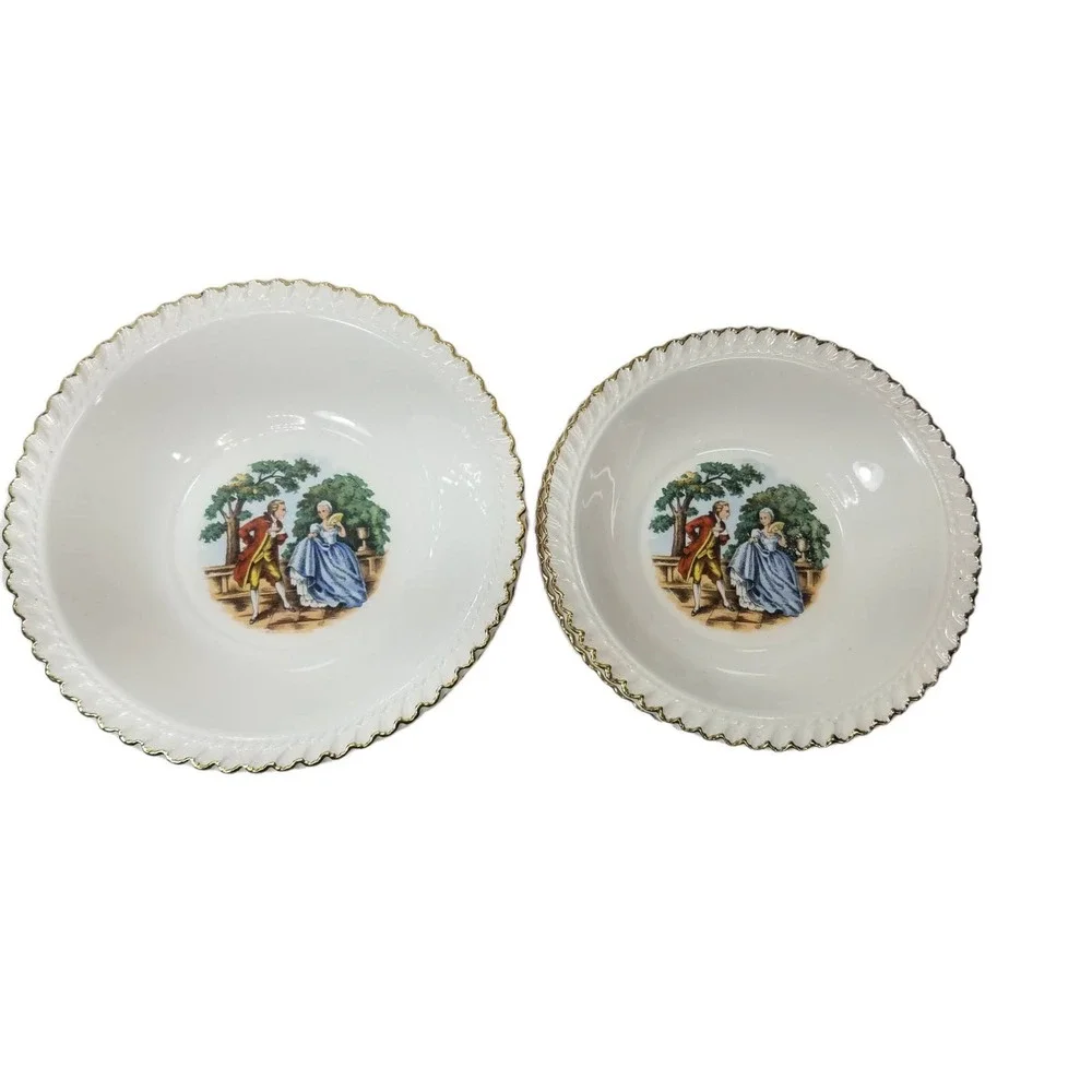 THE HARKER POTTERY CO Colonial Couple decaled Gadroon 22 KT GOLD 4 Bowls